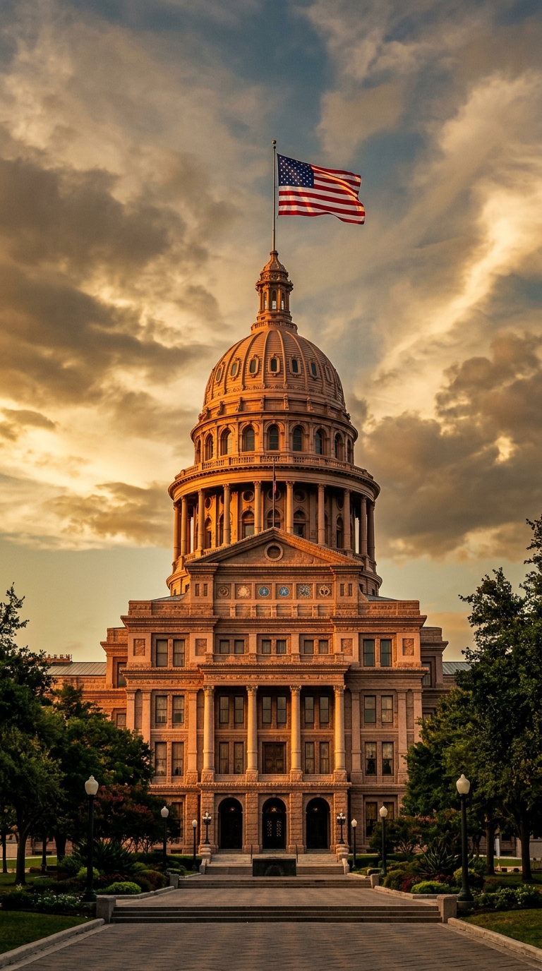 The image shows a large dome building with an American flag flying atop it during sunset.