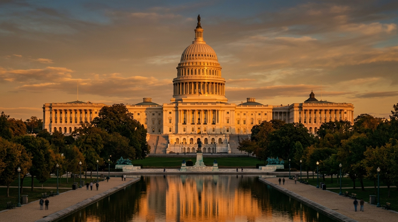 The image shows the United States Capitol building at sunset, reflecting in a nearby pond.