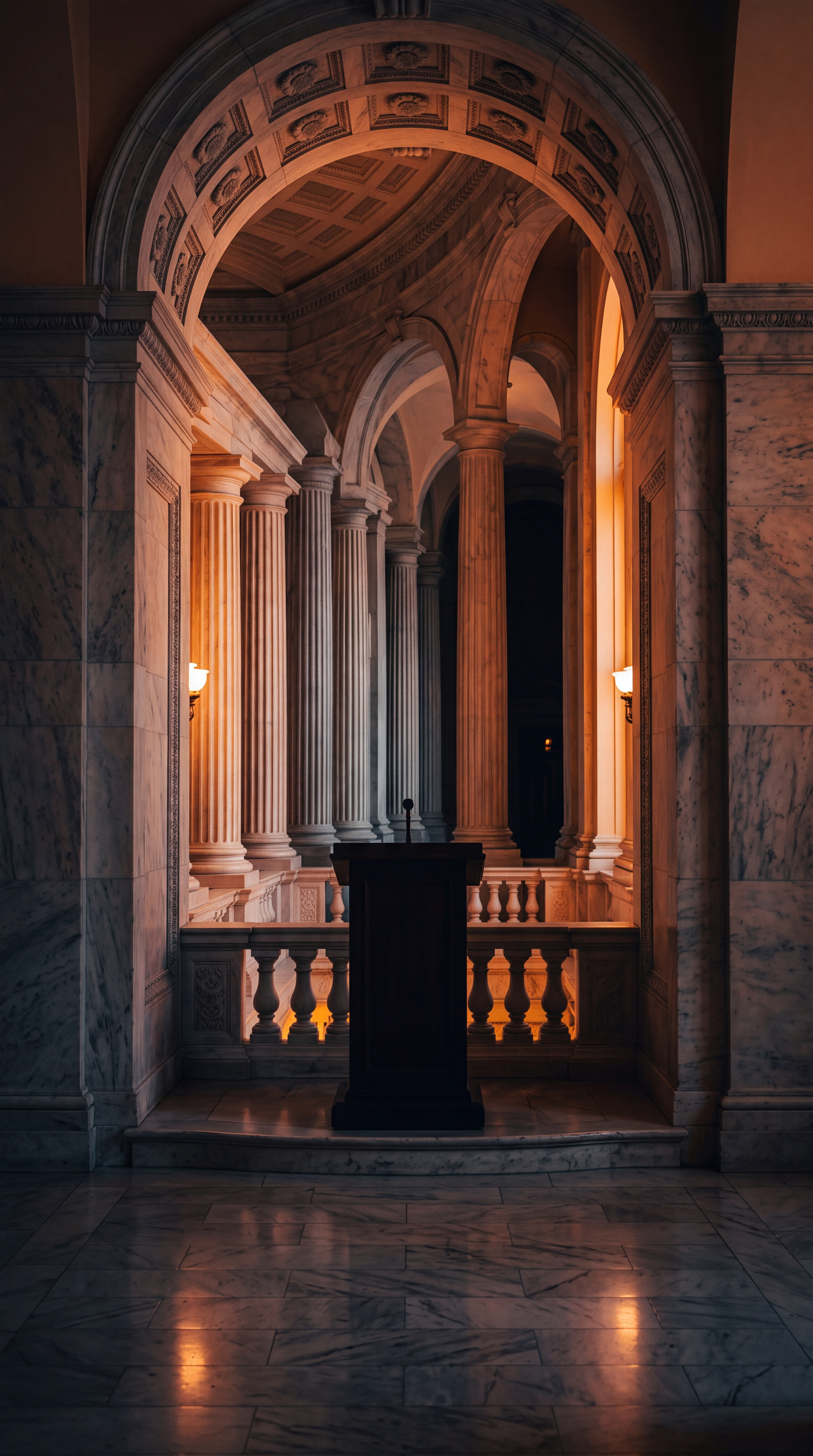 An ornate interior space featuring classical columns and a podium.