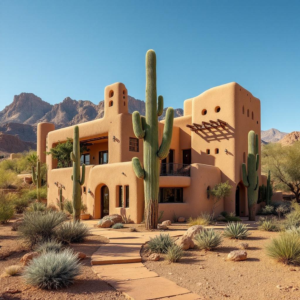 A southwestern-style adobe house surrounded by cacti and desert vegetation.
