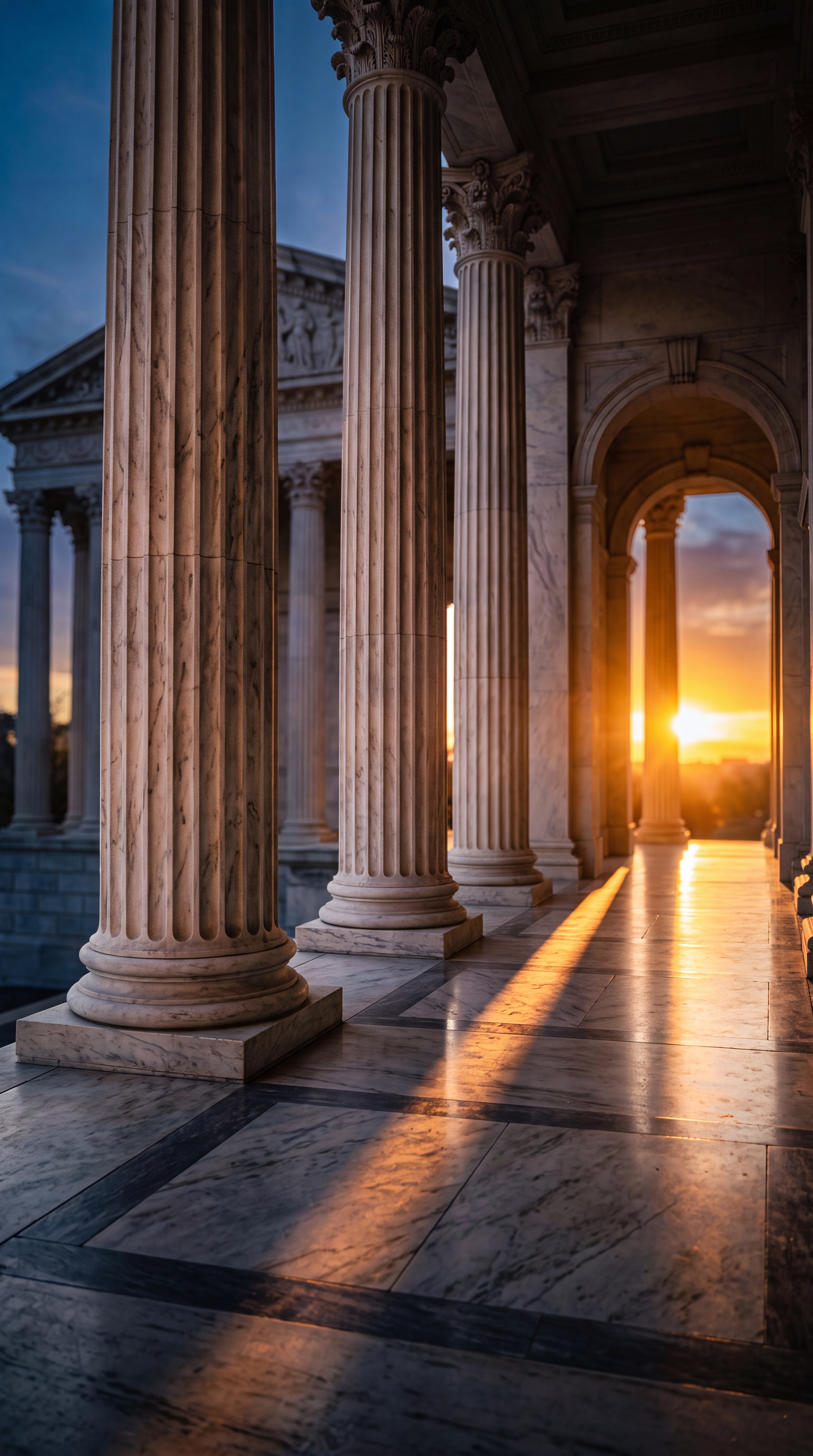 A view of marble columns with a sunset in the background.