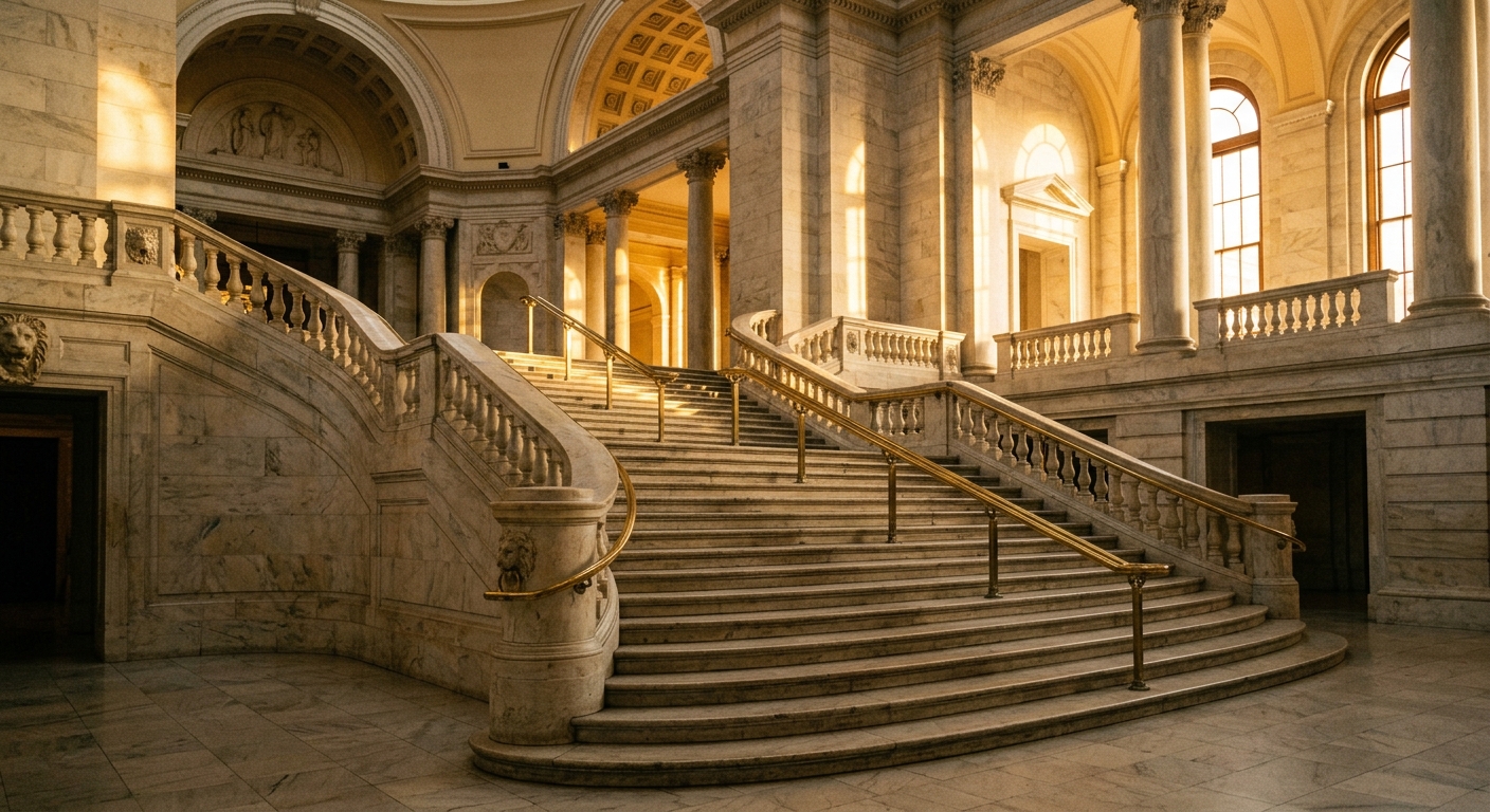 A grand staircase in a marble interior with large windows allowing natural light.