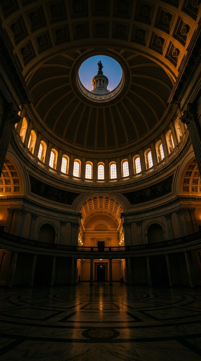 An interior view of a grand dome with a circular opening and illuminated windows.