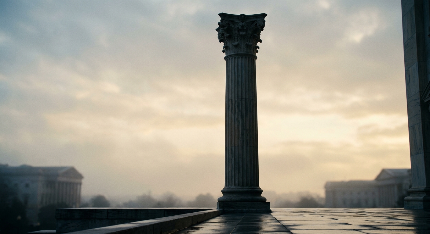 A close-up of a classical column with a foggy background.