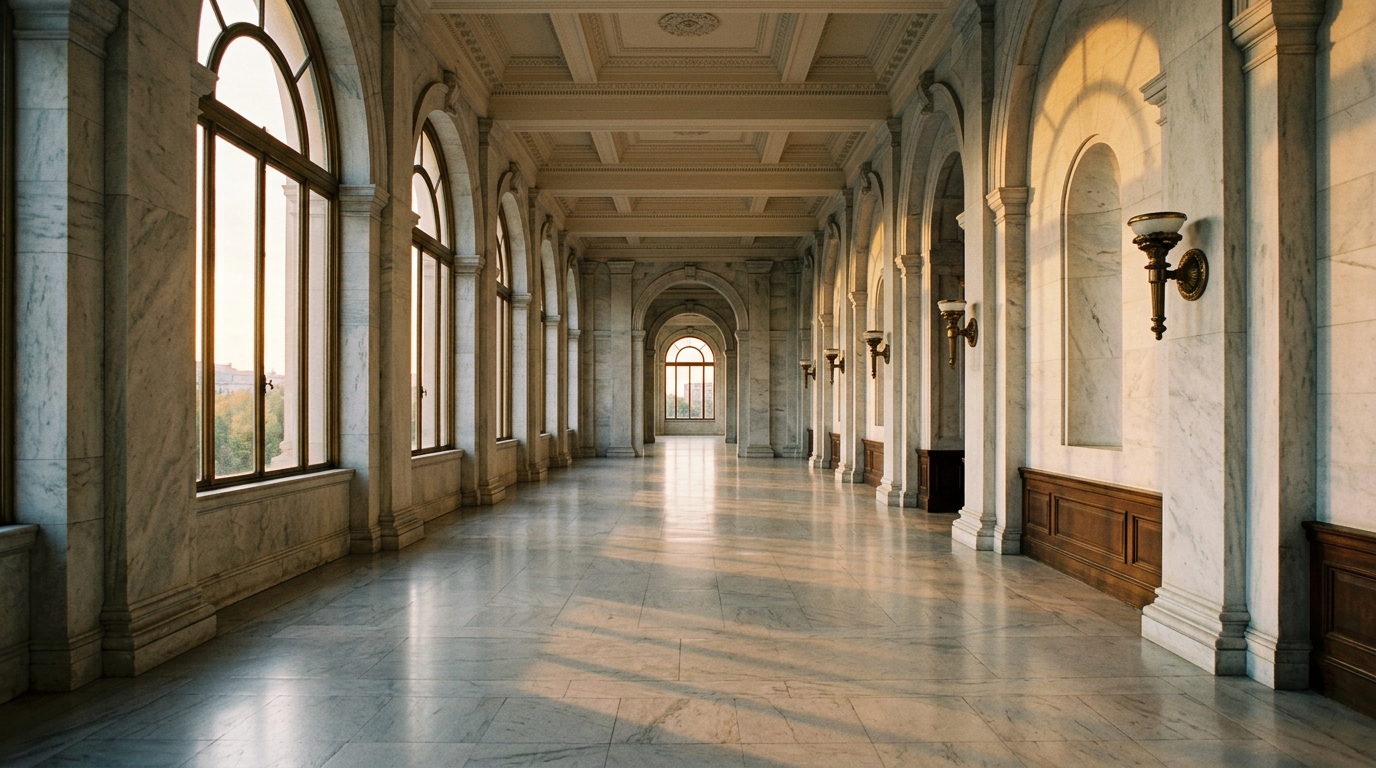 A marble corridor with large arched windows and ornate sconces.