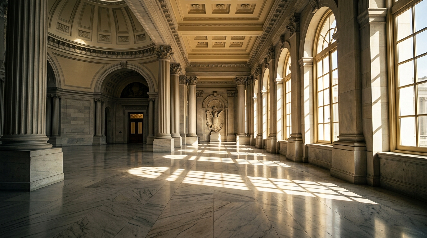 The image shows a grand interior space with tall columns and large windows casting shadows on the marble floor.