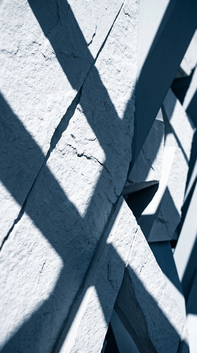 The image features a close-up view of textured, angular concrete surfaces with shadows.