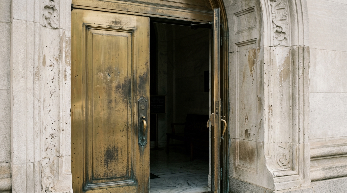 An ornate brass door partially open, revealing a glimpse of the interior.