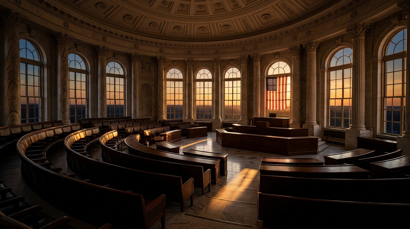 A grand interior of a legislative chamber with large windows and an American flag.