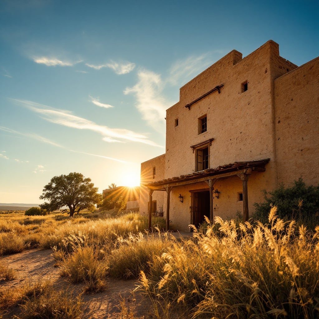A historic adobe building is illuminated by the setting sun in a grassy landscape.
