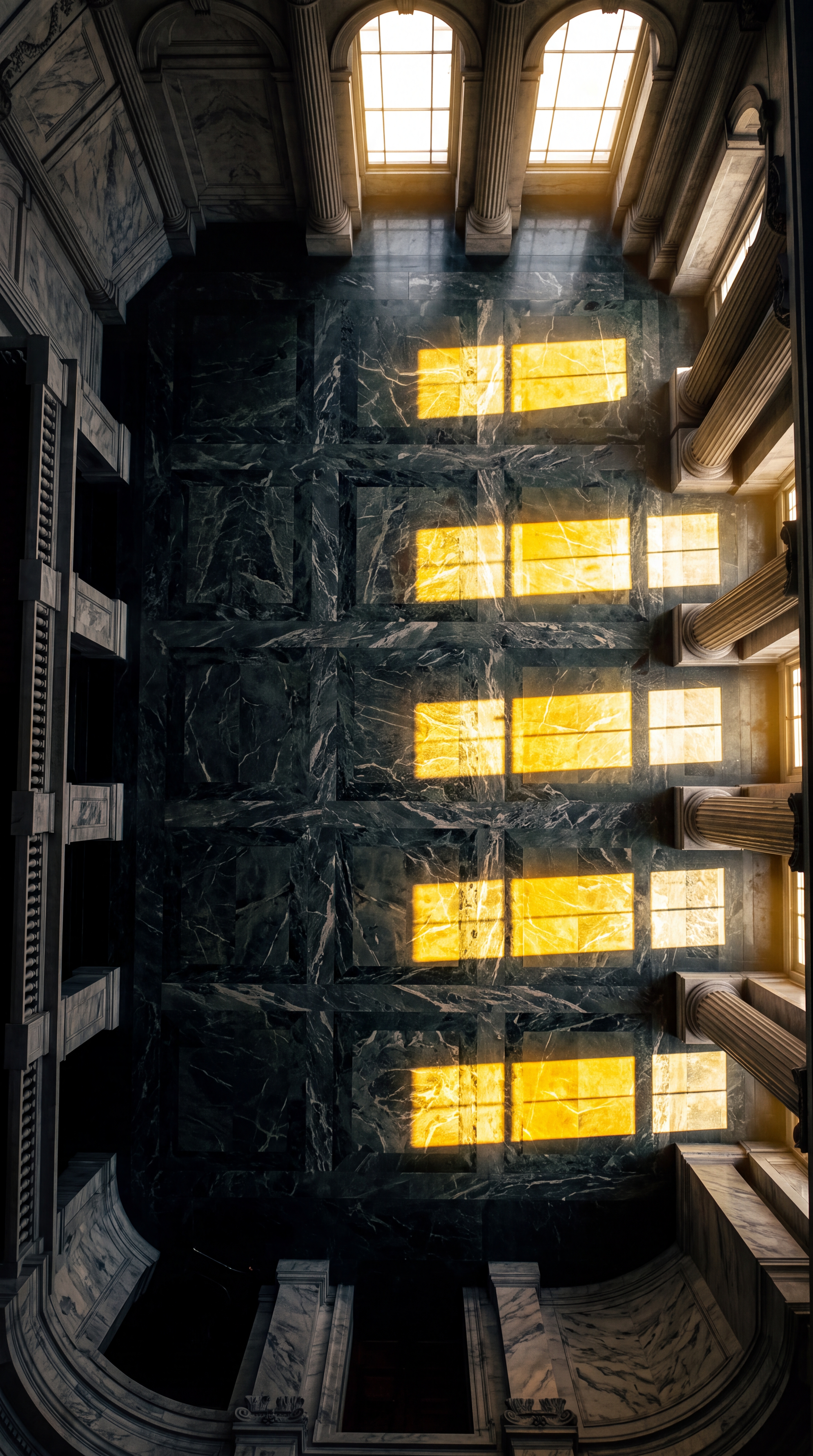 The image shows a marble interior with large windows casting yellow light onto the floor.