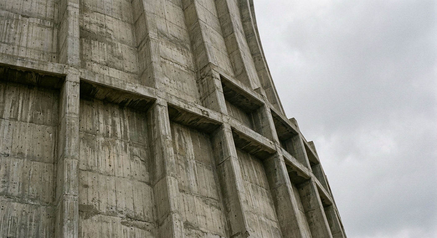 A close-up view of a large concrete structure with a curved design.