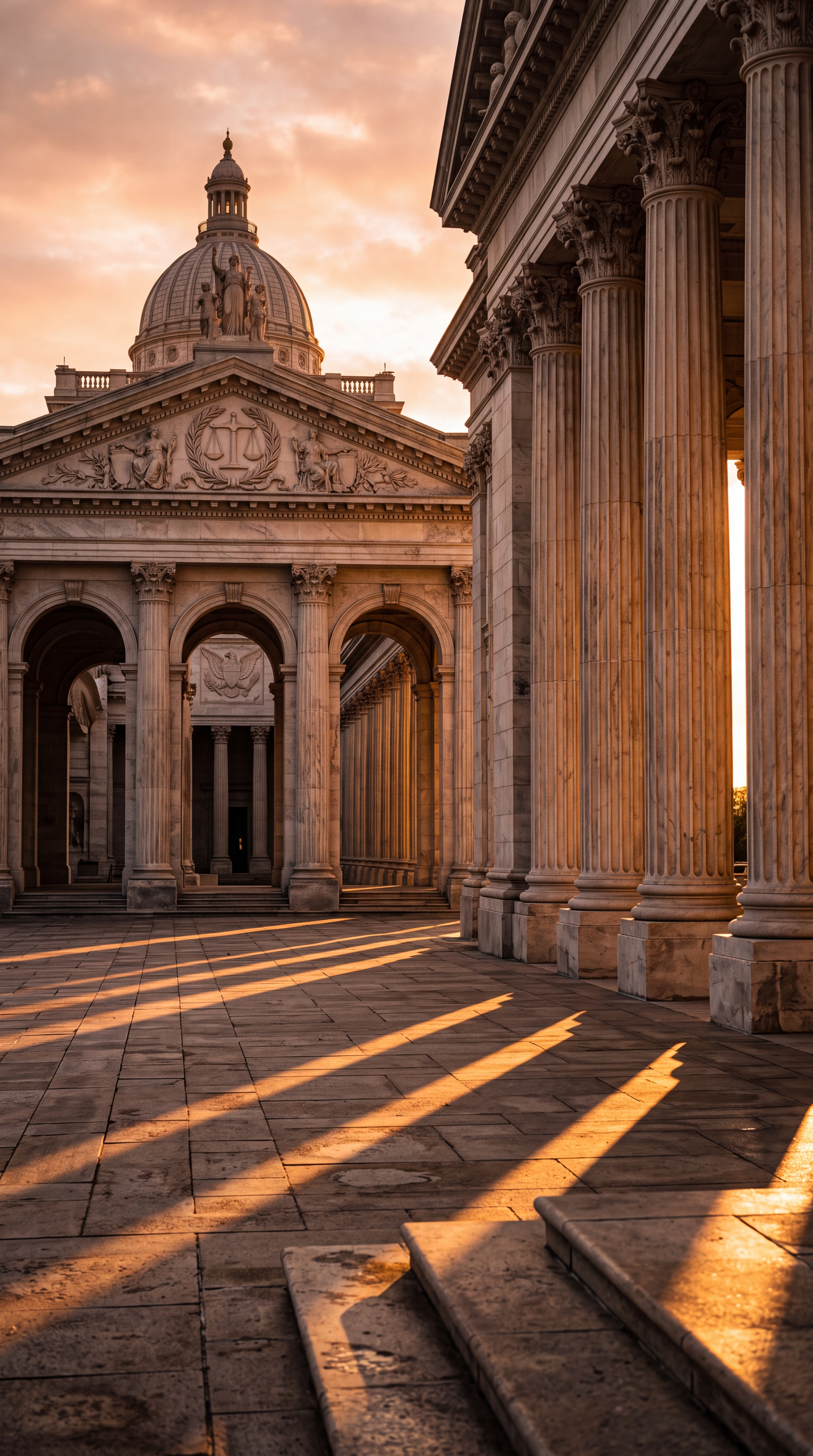A historic building with grand columns and a dome, illuminated by sunset.
