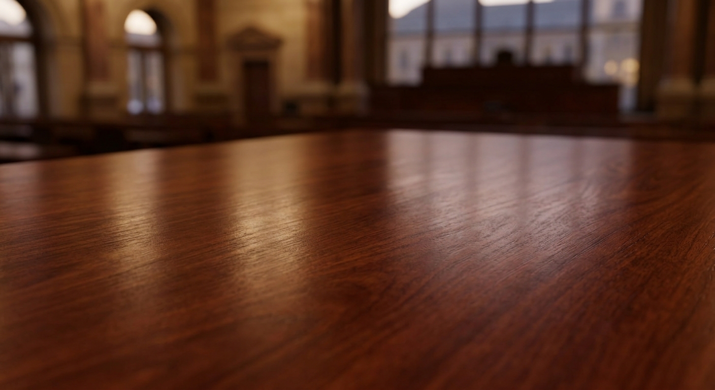 A close-up view of a polished wooden table in a courtroom setting.