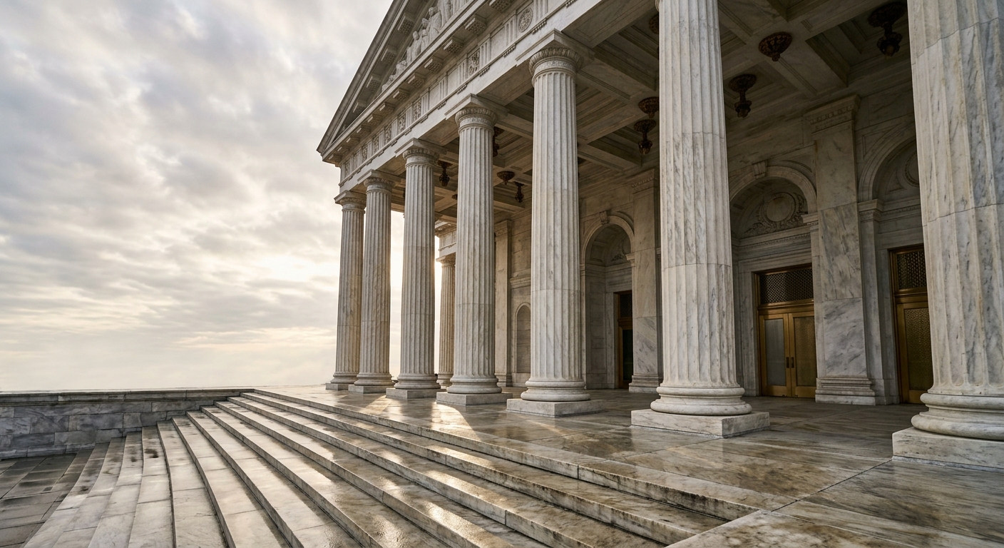 A grand building with large columns and marble steps under a cloudy sky.