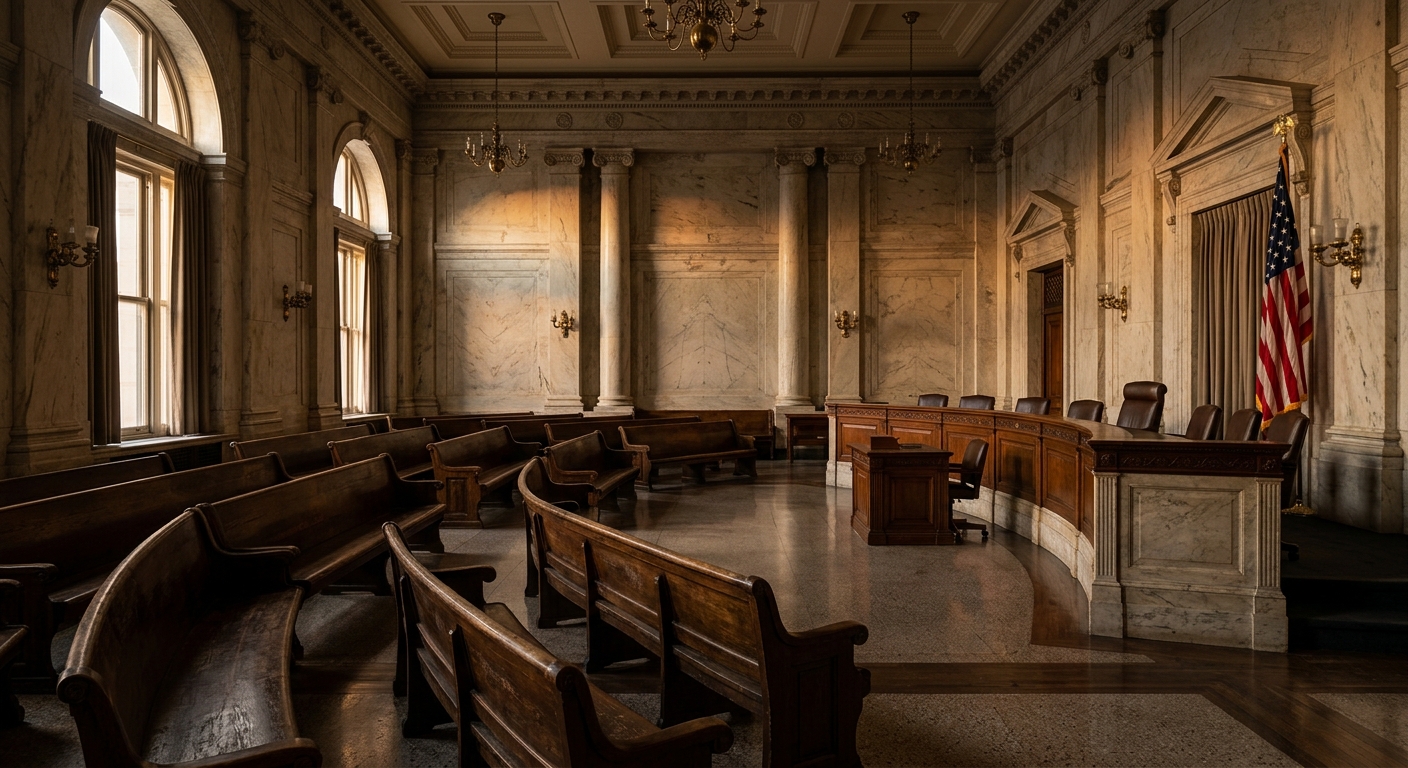 A historic courtroom featuring wooden benches and marble walls.