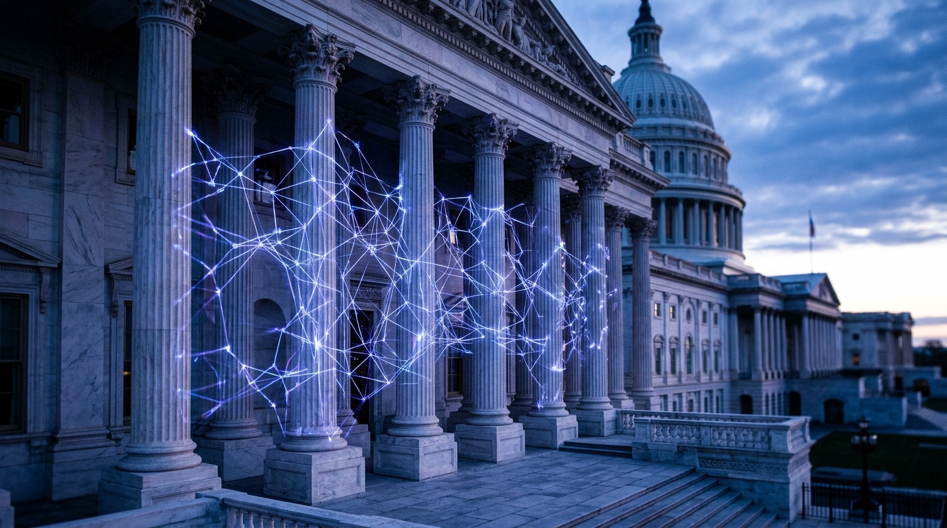 A digital art installation featuring illuminated lines connecting columns of a government building.