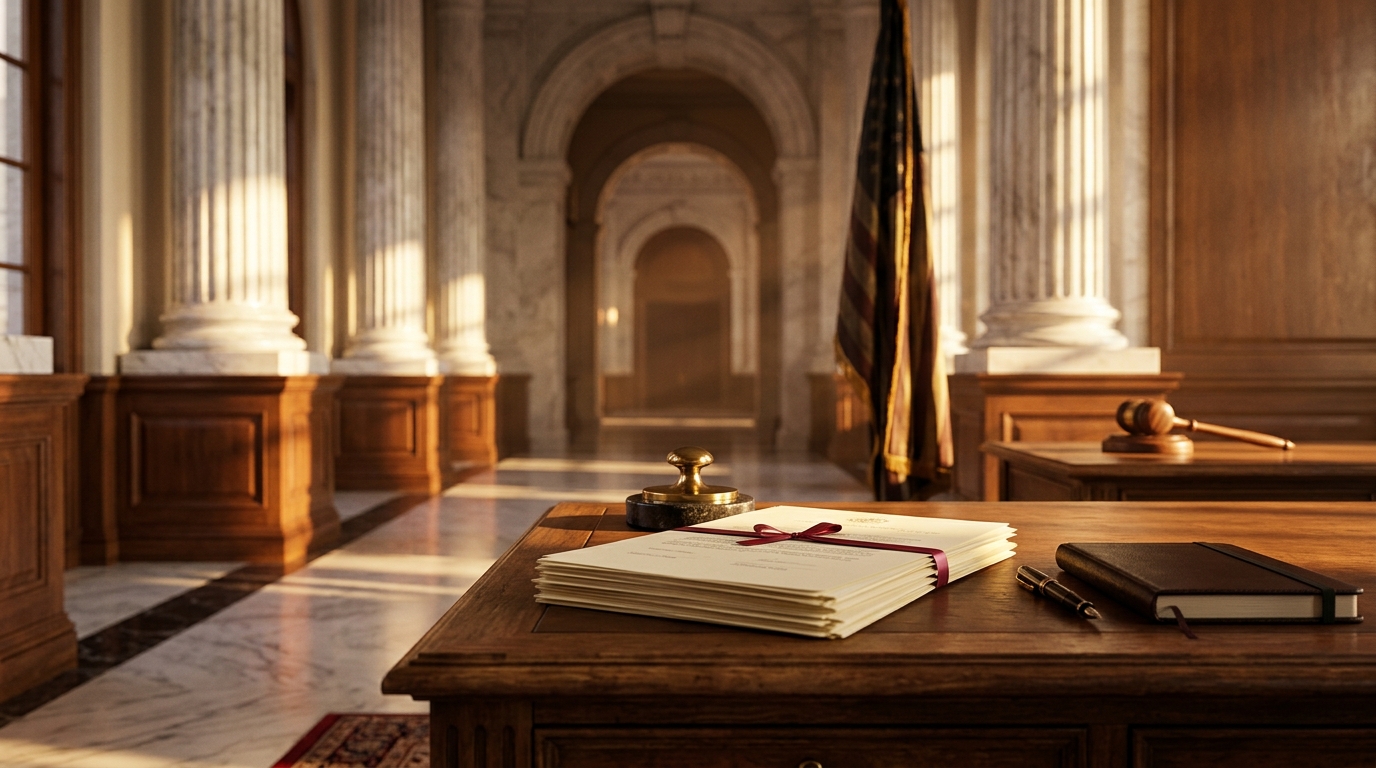 A wooden desk with legal documents and a gavel in a grand courtroom.