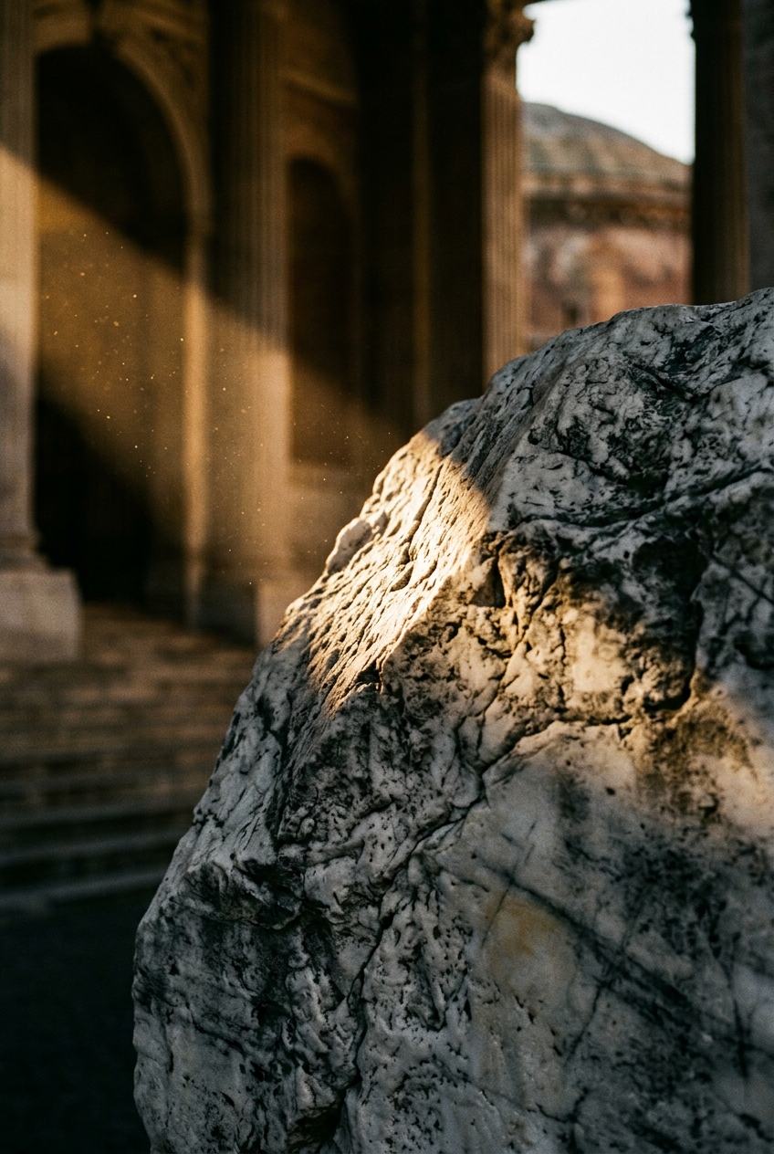 A close-up of a textured rock with sunlight illuminating its surface in an ancient architectural setting.