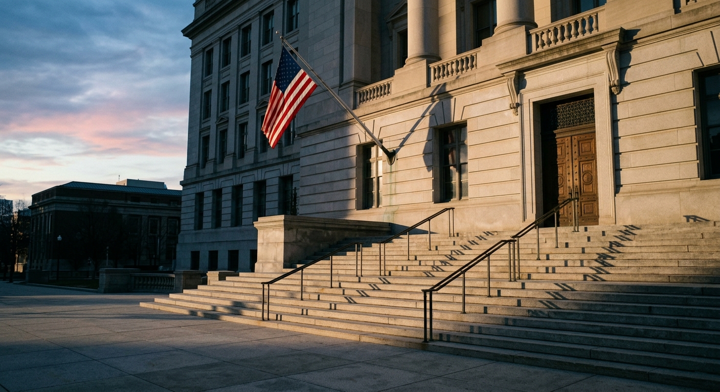 A government building with an American flag and stairs leading up to the entrance.