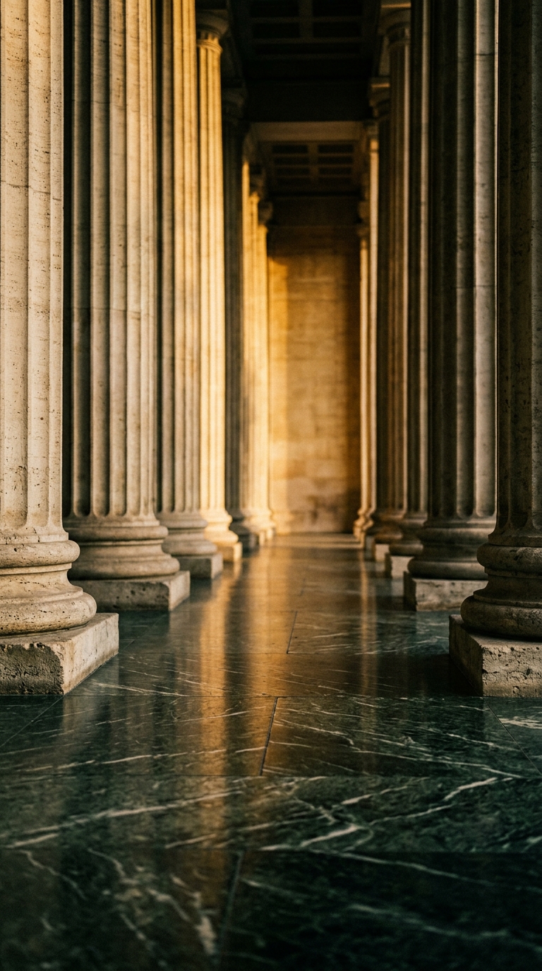 The image features a corridor lined with classical columns and a polished stone floor.