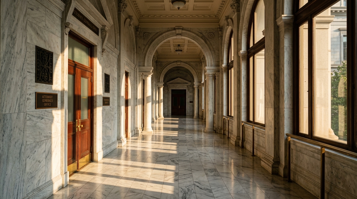 A marble hallway with arched doorways and large windows allowing sunlight to stream in.