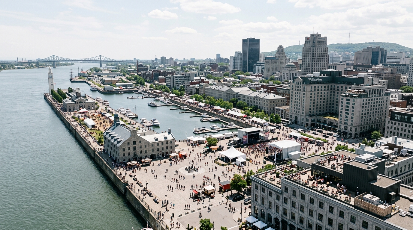 Aerial view of a bustling waterfront area with boats and buildings in a city.