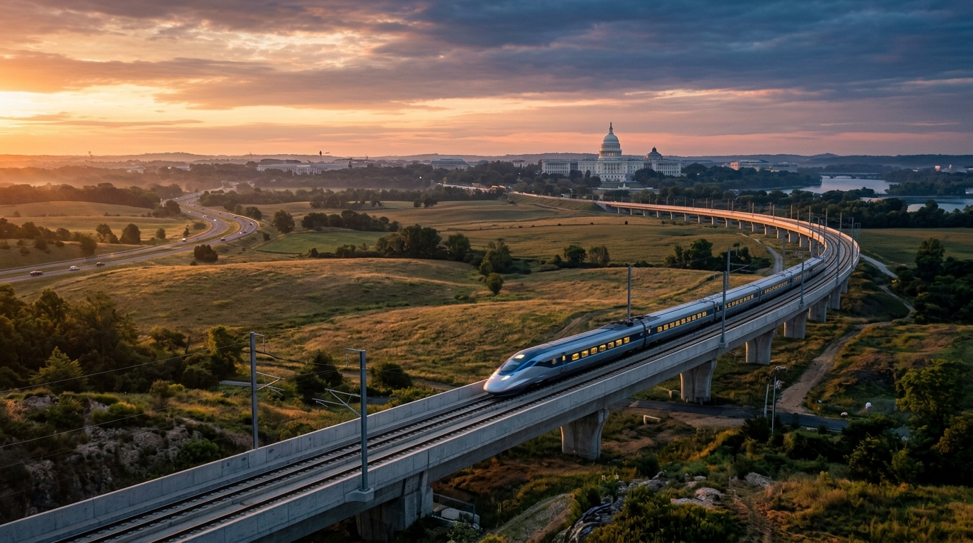 A high-speed train travels along a curved track with a sunset backdrop and a city skyline in the distance.