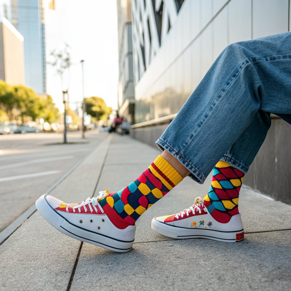 A person wearing colorful patterned socks and sneakers sits on a city sidewalk.