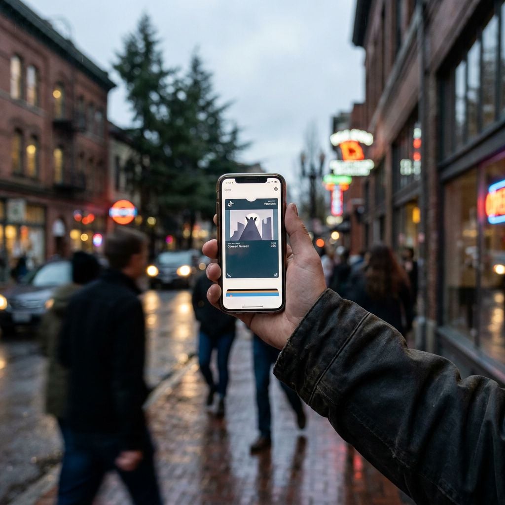 A person holding a smartphone displaying an app while walking on a city street during dusk.