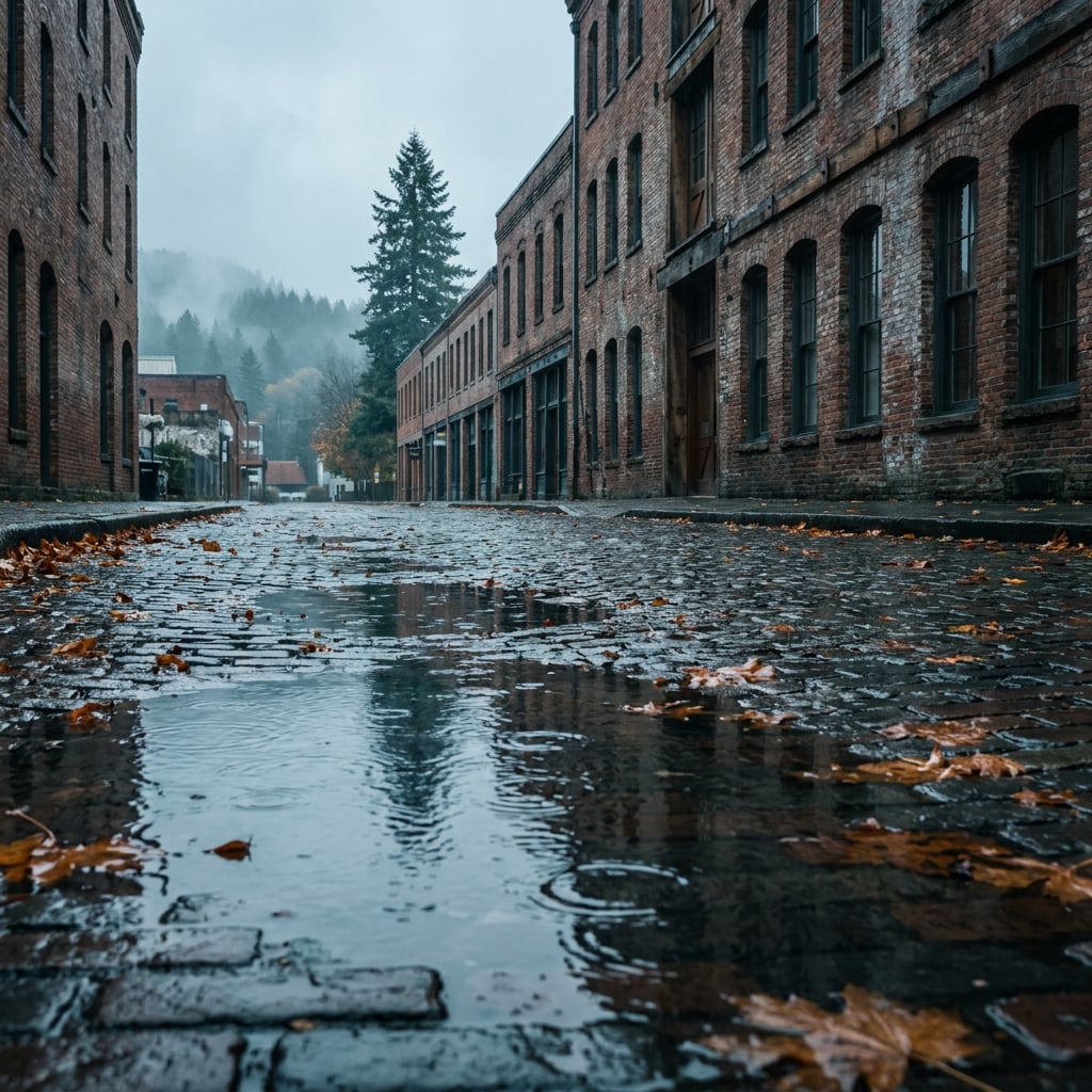 A cobblestone street with puddles and fallen leaves, flanked by brick buildings on a foggy day.