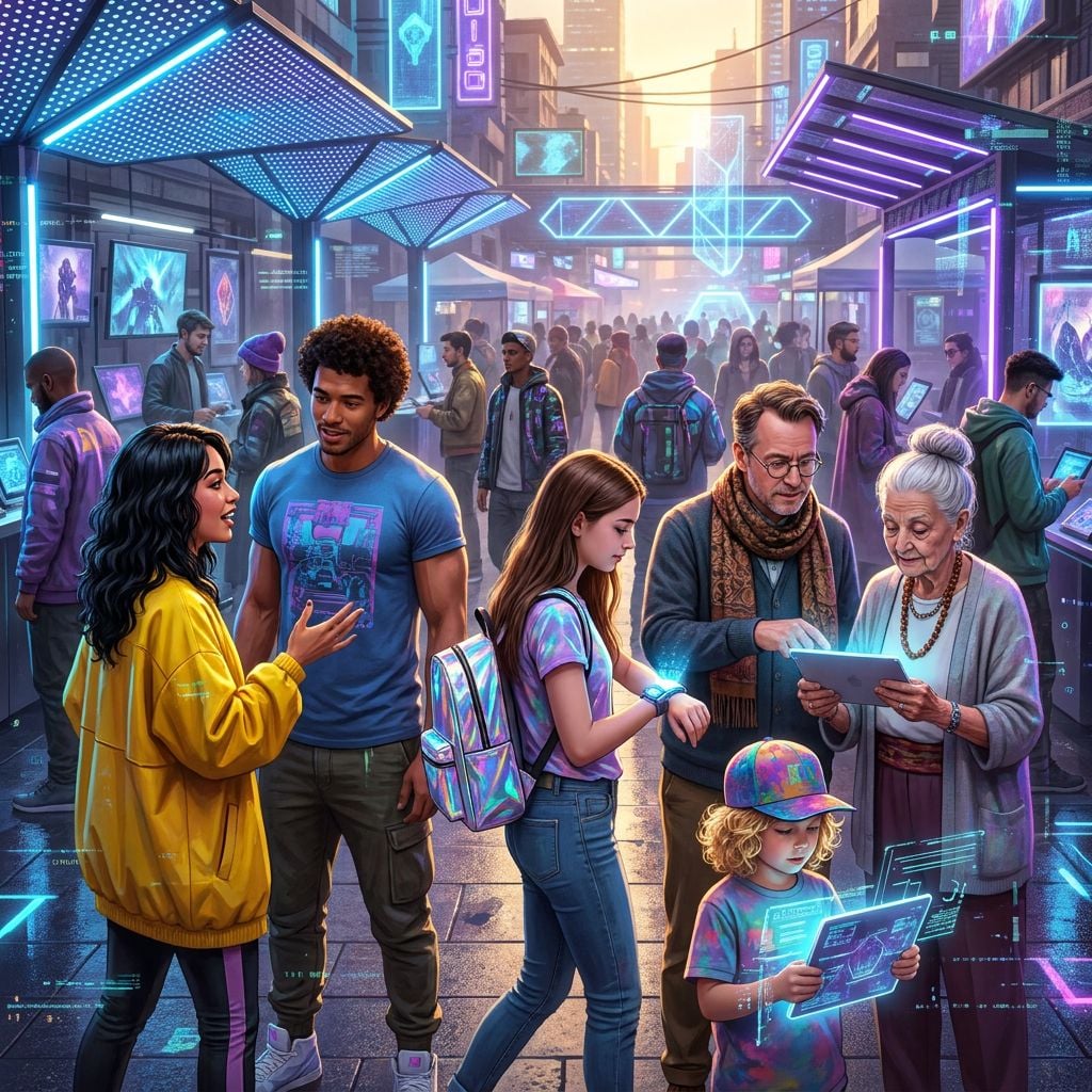 A vibrant urban scene featuring diverse people interacting with digital displays in a futuristic market.