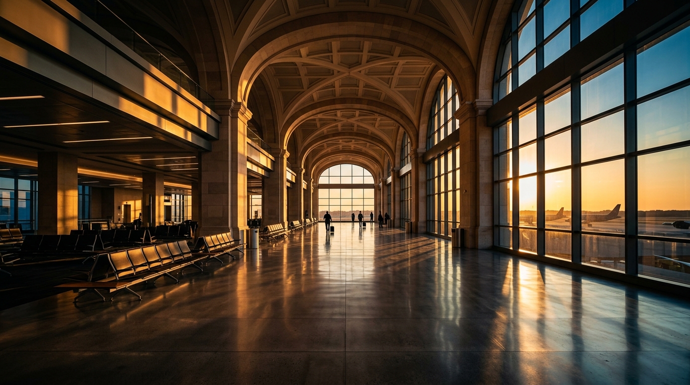 A spacious airport terminal with large windows showcasing a sunset.