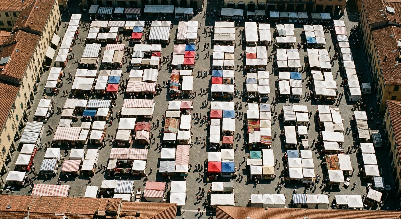 An aerial view of a bustling market square filled with numerous tents and people.