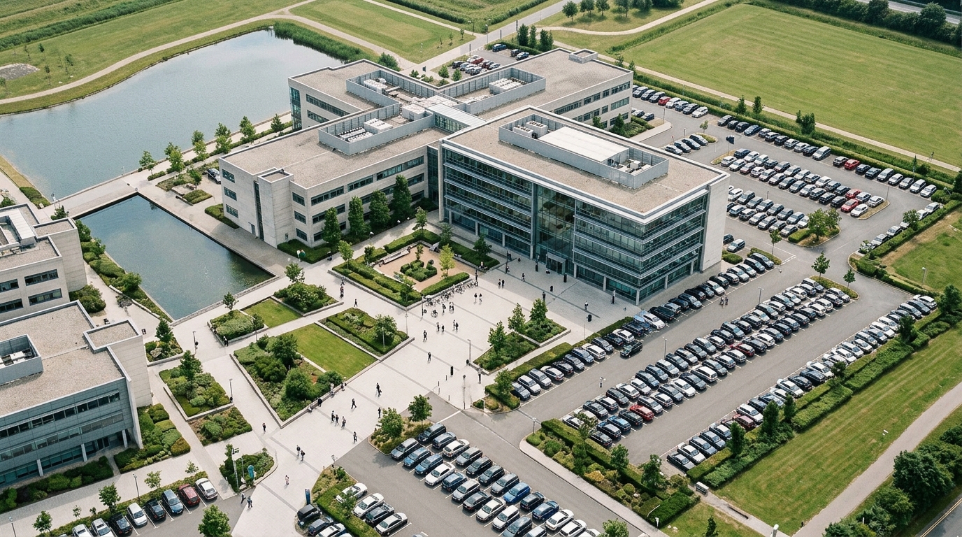 An aerial view of a modern office building surrounded by greenery and a parking lot.