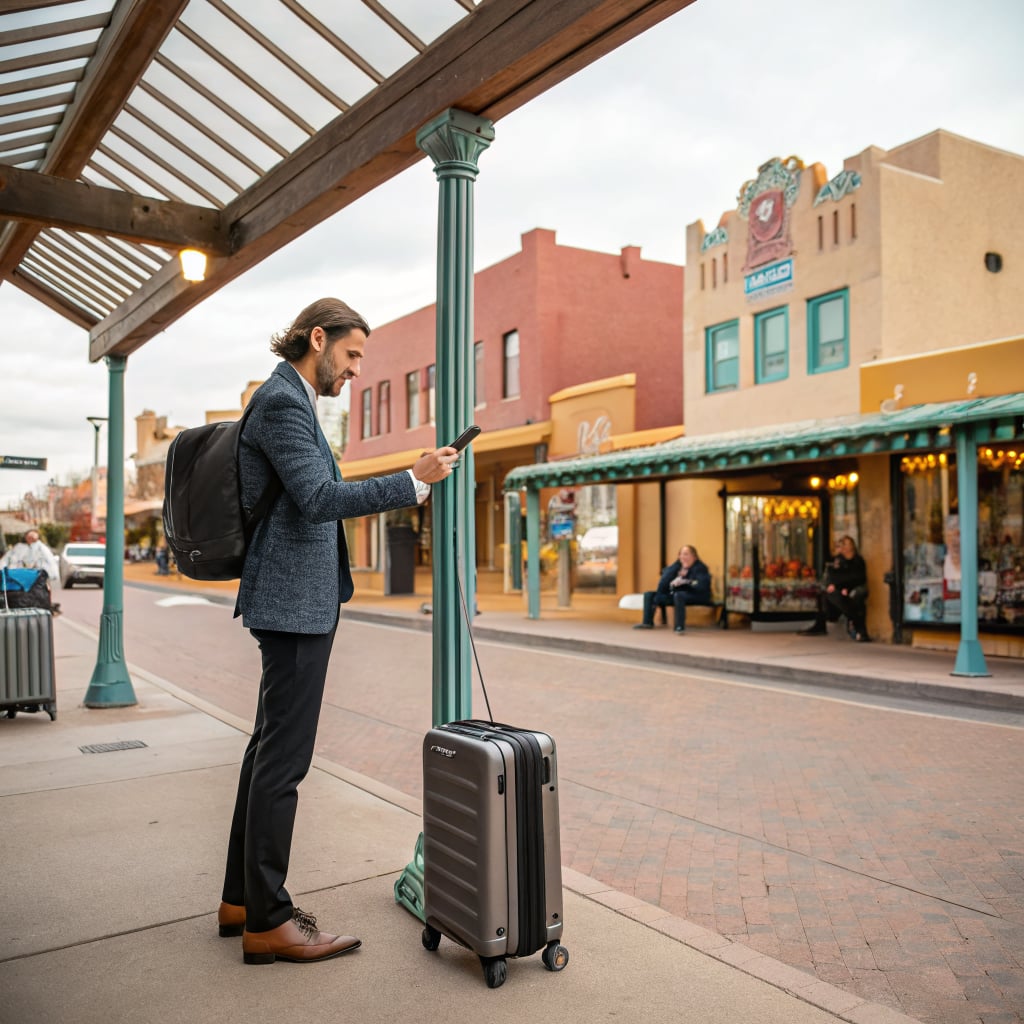 A man in business attire stands at a bus stop checking his phone next to a suitcase.