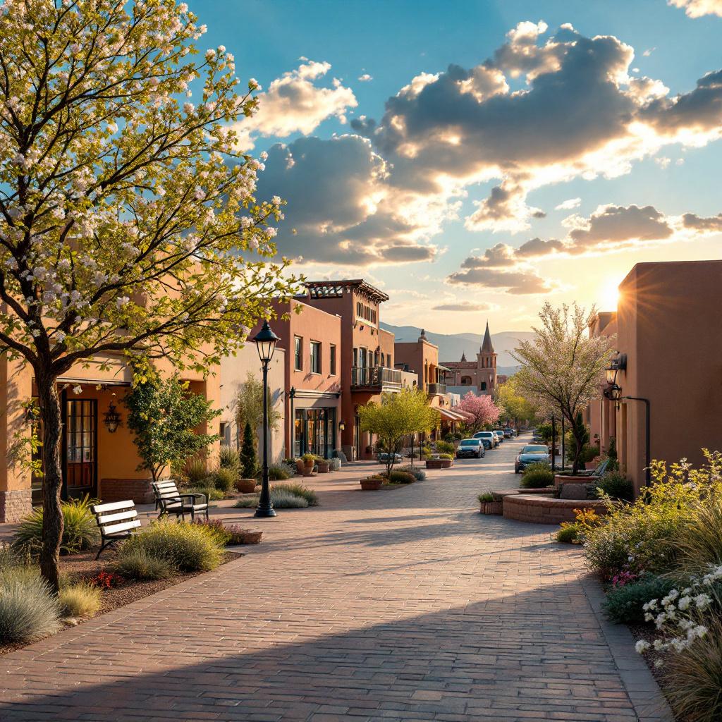 A picturesque street lined with buildings and trees under a colorful sky at sunset.
