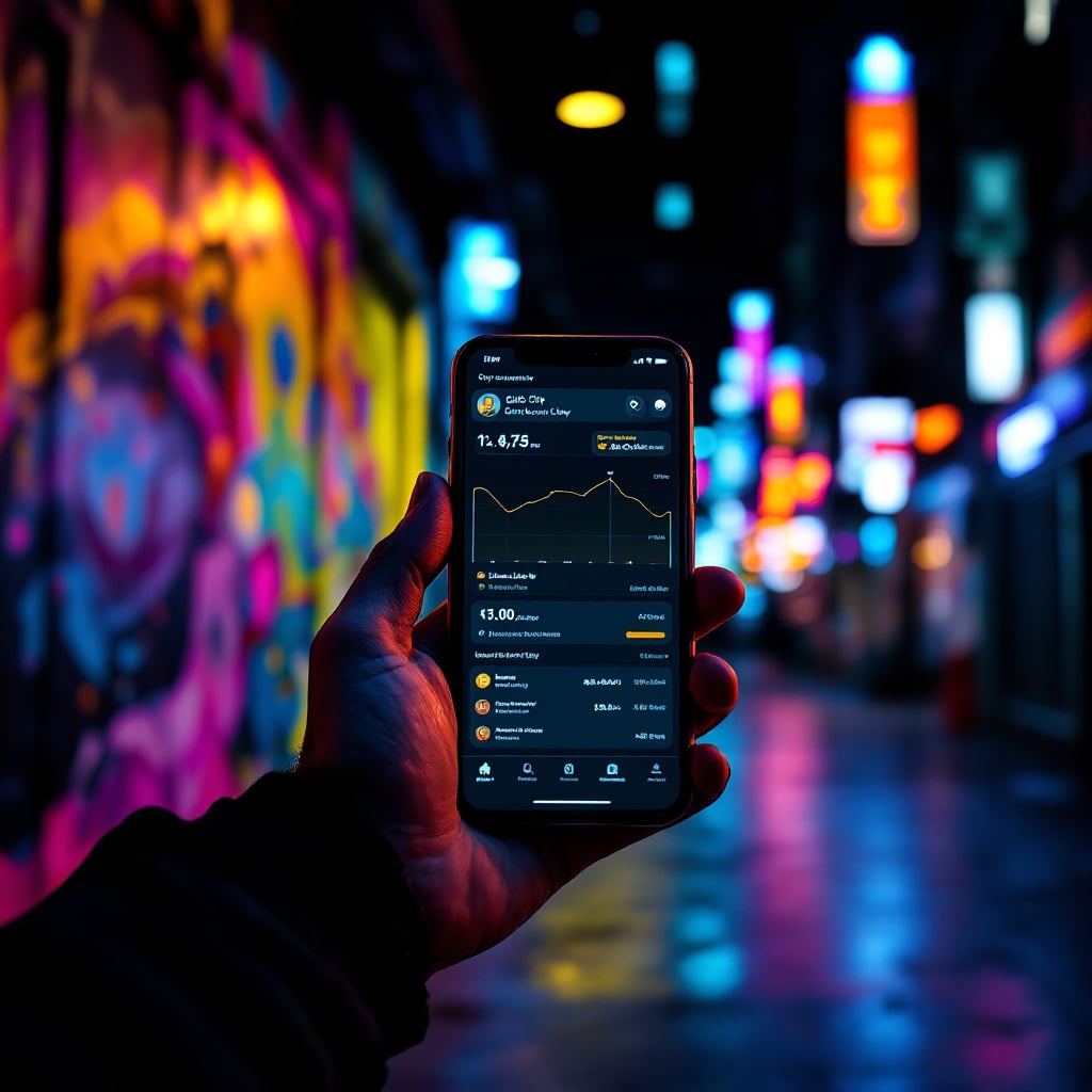 A person holding a smartphone displaying a financial app in a colorful urban alley.
