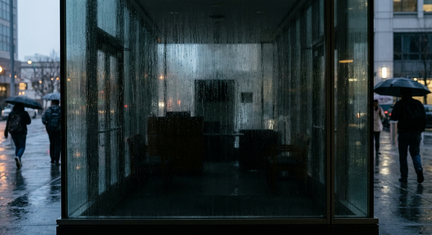 A glass-walled building entrance with rain on the windows and people walking outside with umbrellas.