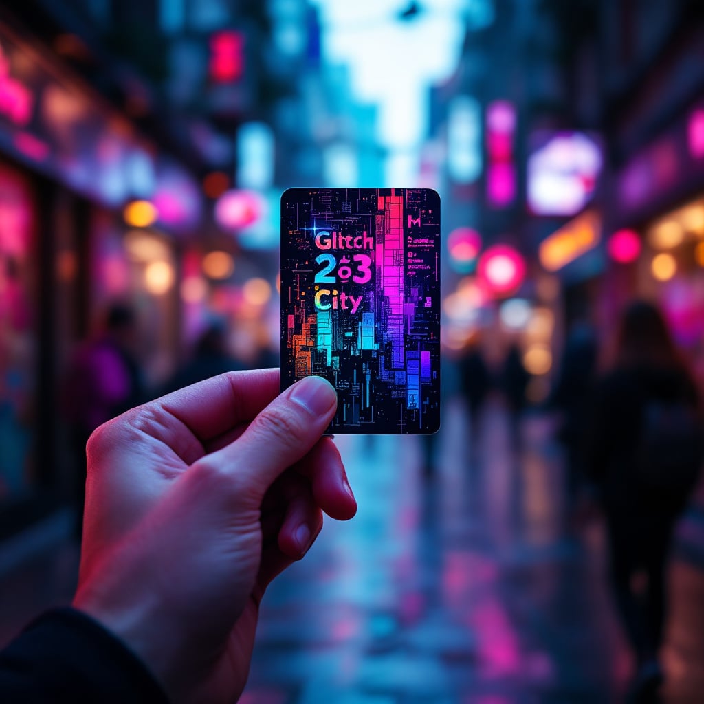 A hand holding a colorful card in a vibrant city street at night.