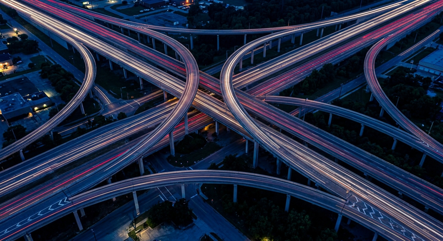 An aerial view of a complex highway interchange with light trails from vehicles.
