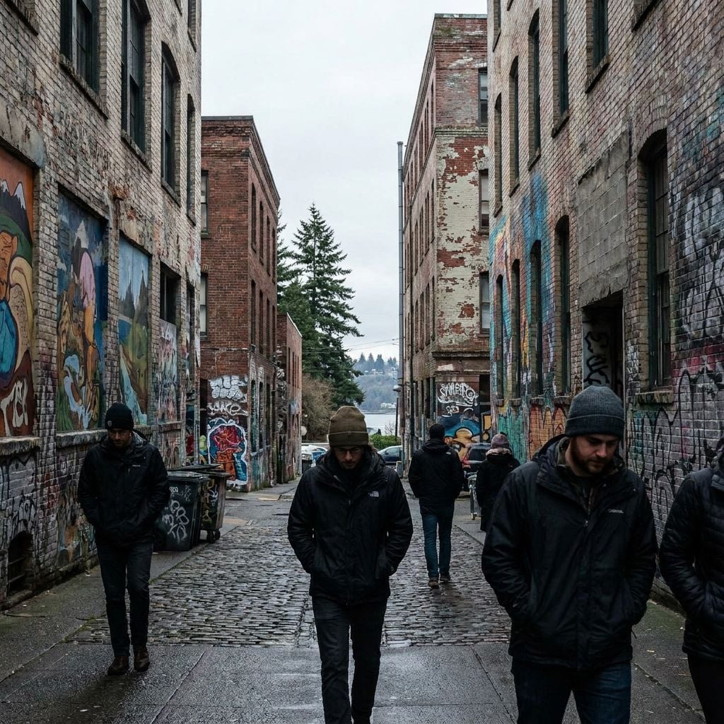 A group of people walking through a graffiti-covered alley in an urban setting.