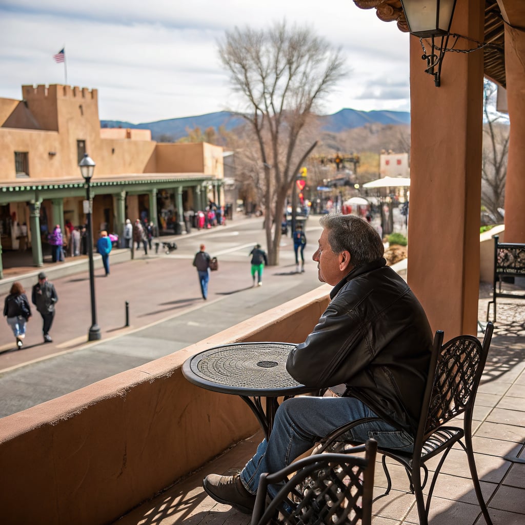 A man sits at a table on a balcony overlooking a busy street with pedestrians and buildings in the background.