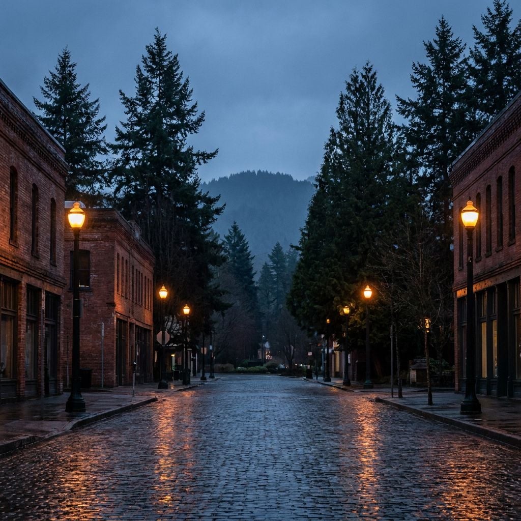 A cobblestone street lined with brick buildings and street lamps under a cloudy sky.