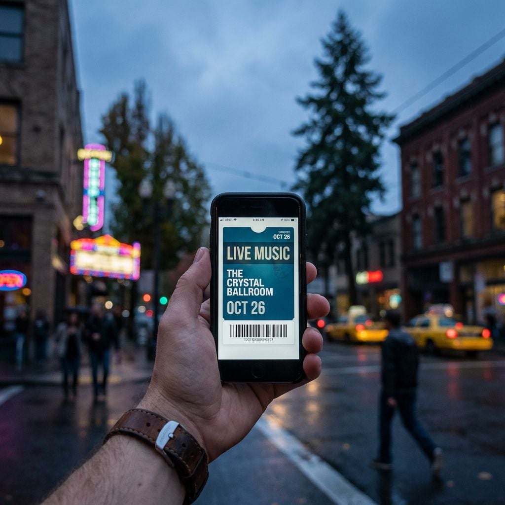 A person holding a smartphone displaying a live music event ticket in a city street setting.