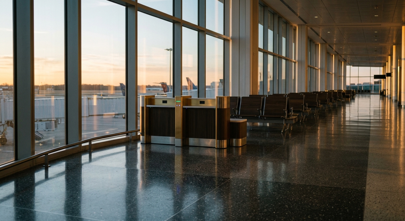 An empty airport terminal with large windows and seating areas.