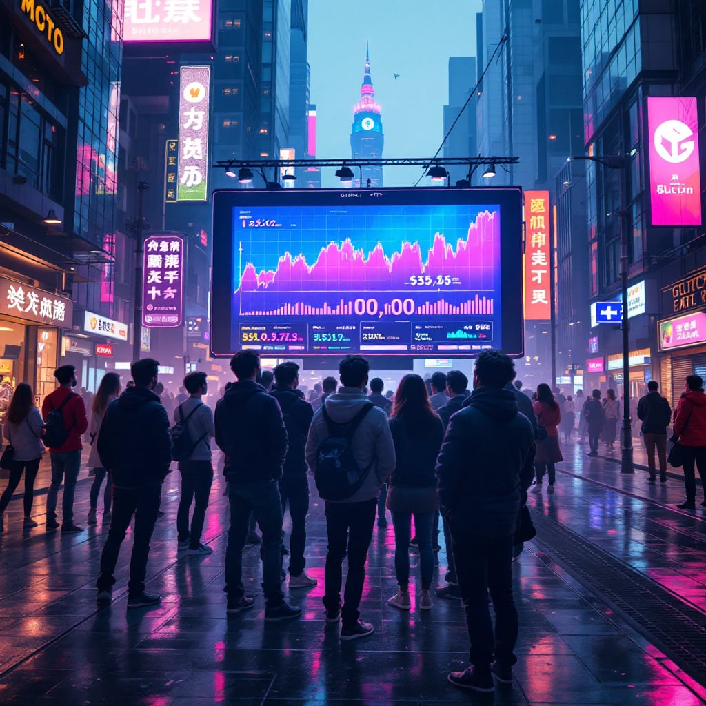 A group of people standing in a city street at night, looking at a large digital screen displaying financial data.