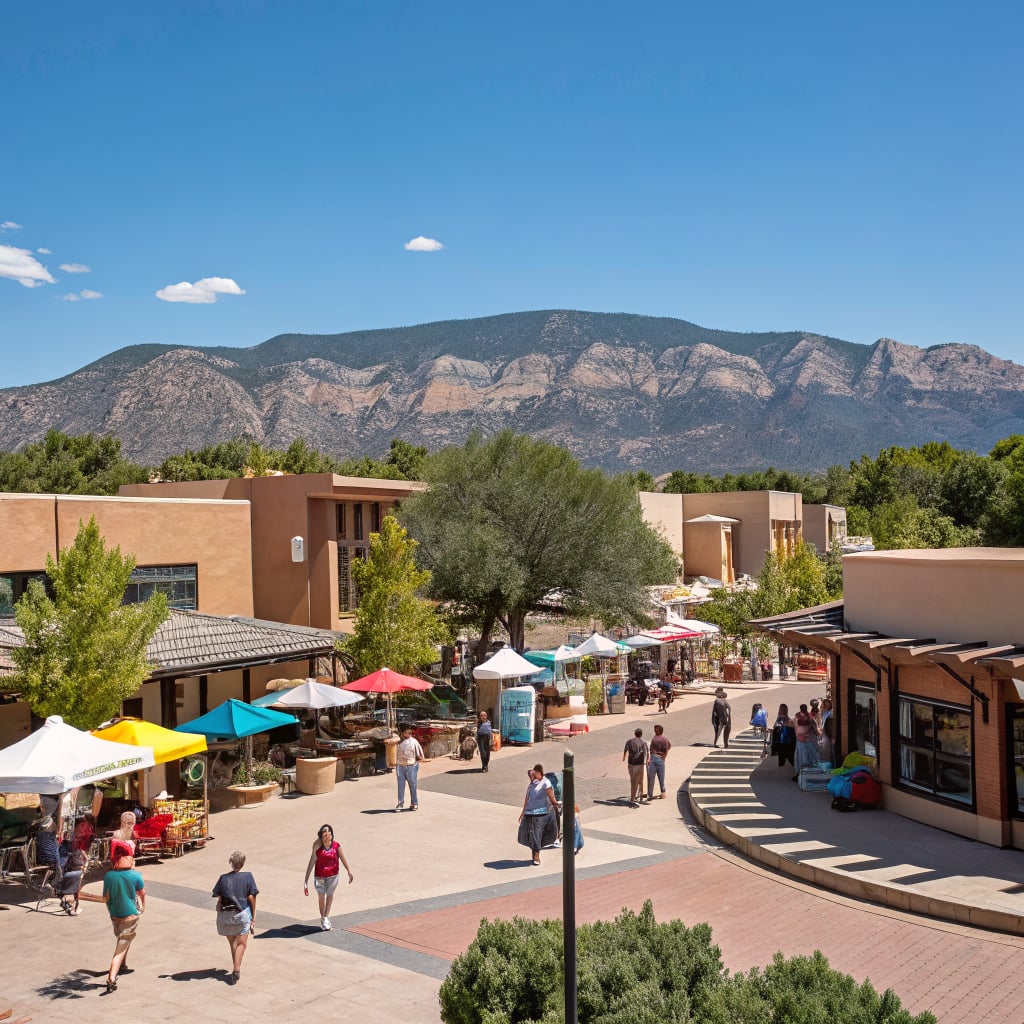 A bustling outdoor market scene with people walking and colorful tents set against a mountain backdrop.