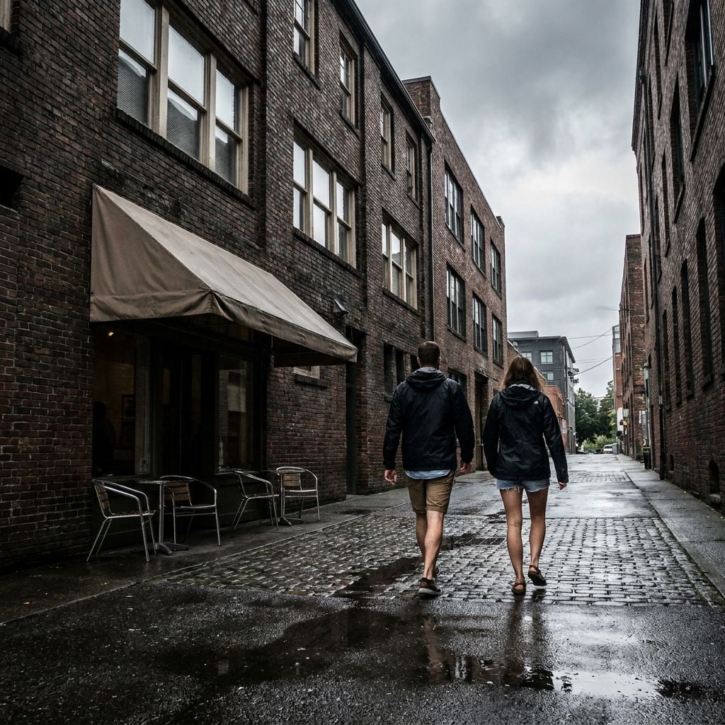 A couple walks down a cobblestone alleyway between brick buildings on a rainy day.