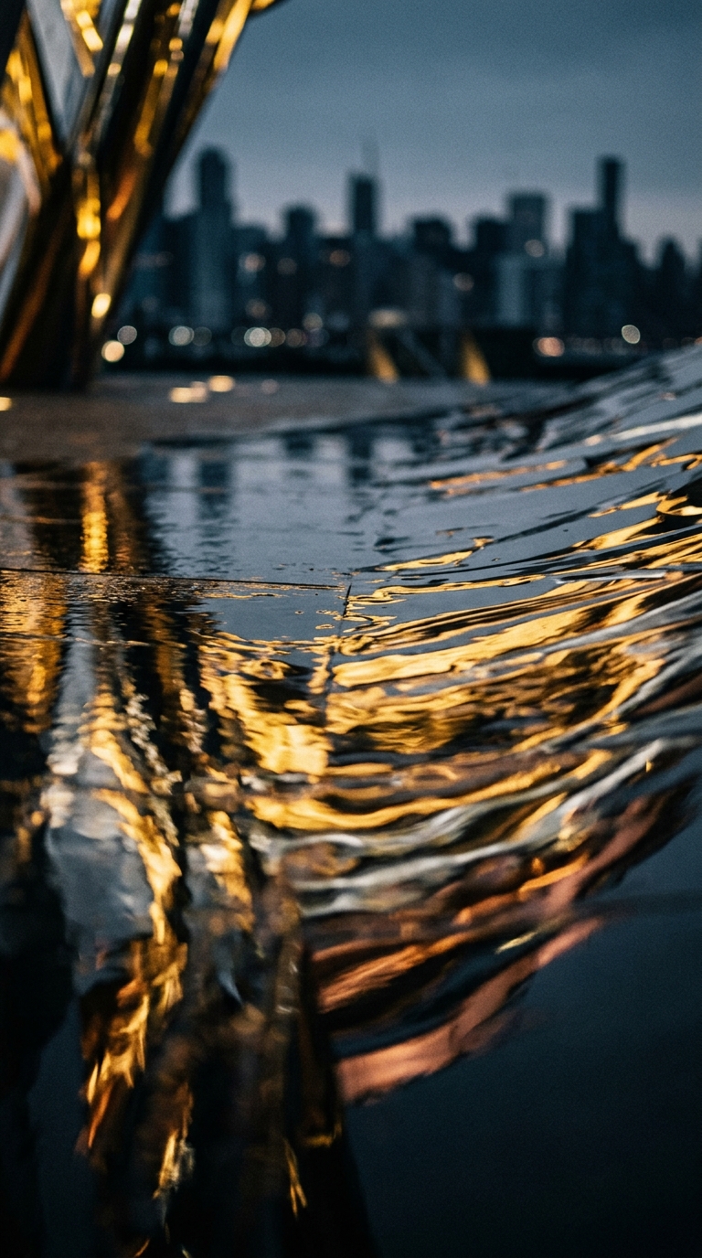 The image shows a reflective surface with city lights and structures in the background.